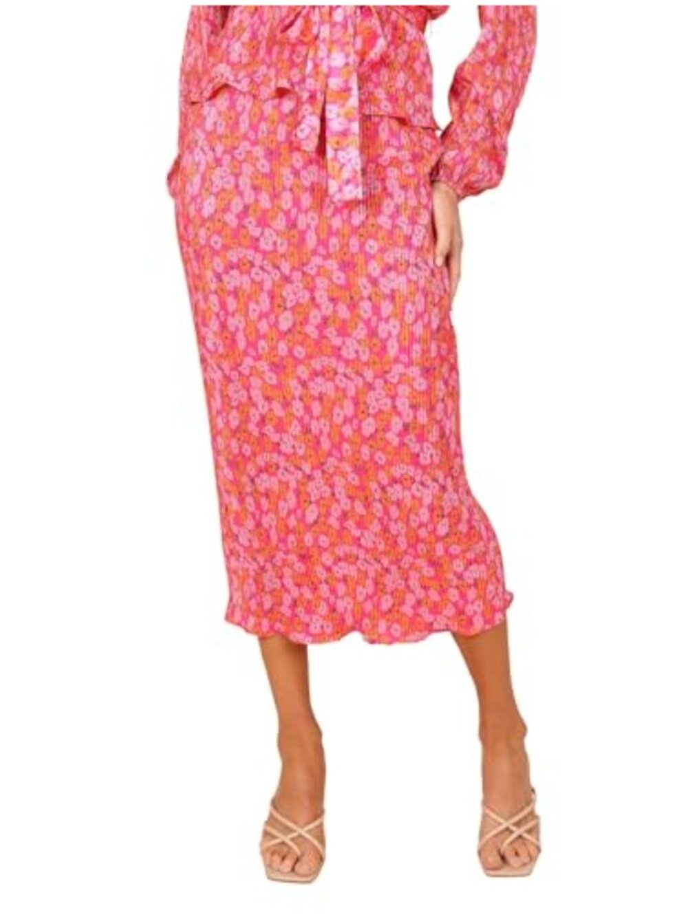Petal & Pup Women's Pleated Midi Skirt High Waist Elastic Pull-On Floral